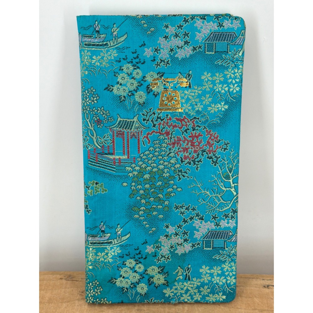Vintage Turquoise Silk Brocade Address Book Asian Pagoda Pattern Gold Telephone